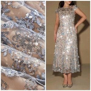 New Embroidered Floral Sequin Flare Skirt Midi Dress PLUS Silver Beige Tan